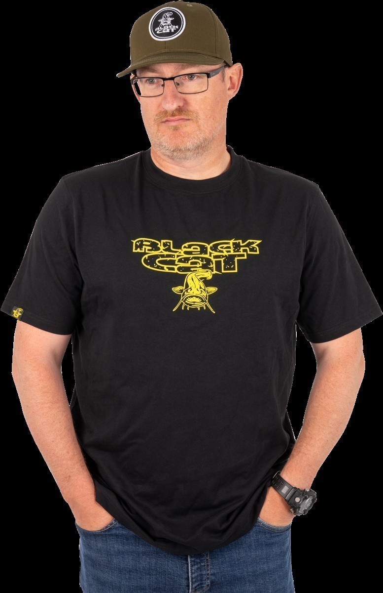 Black Cat Schwarzes T-Shirt mit Distressed-Logo 3XL