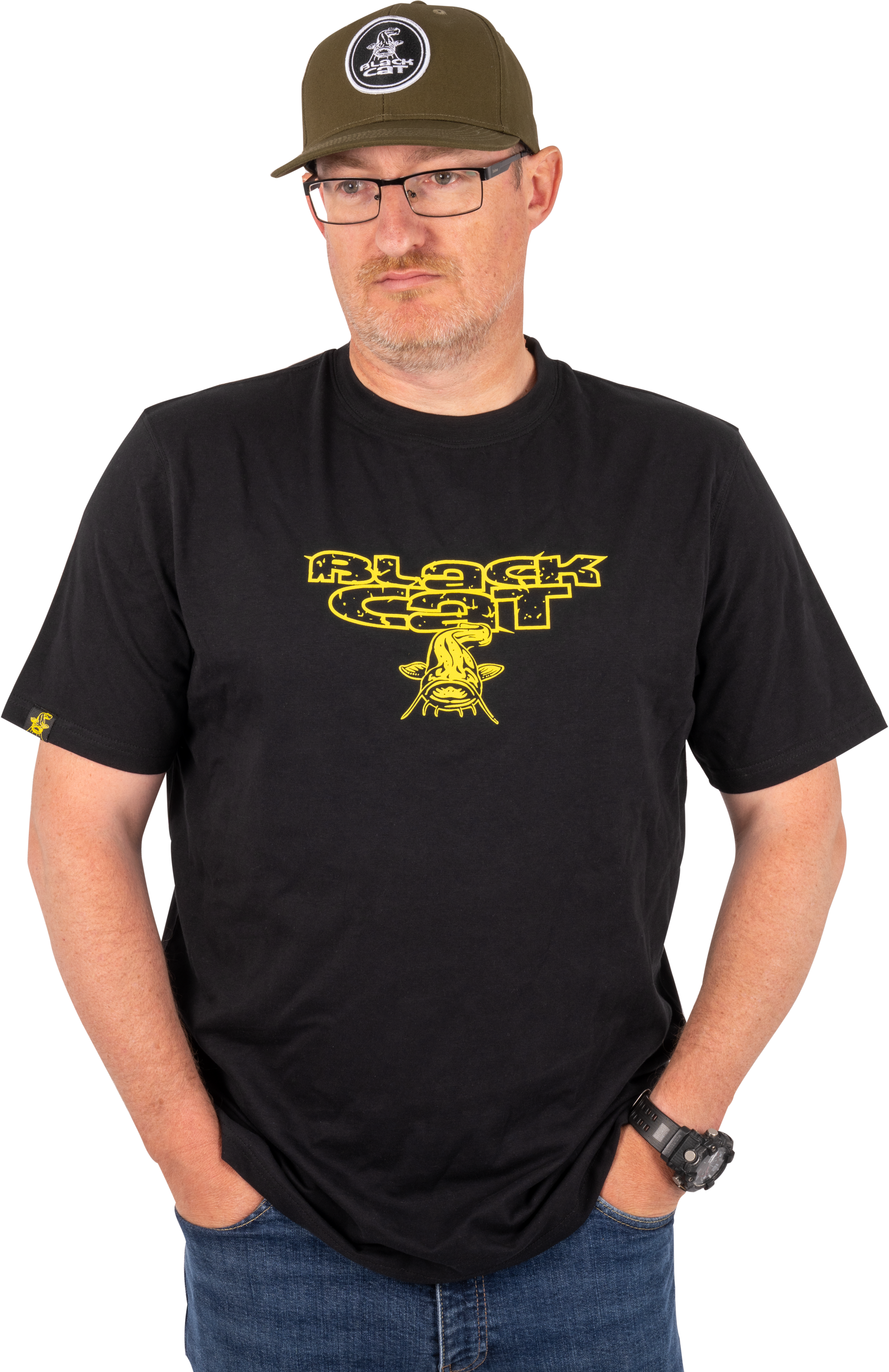 Black Cat Schwarzes T-Shirt mit Distressed-Logo 3XL