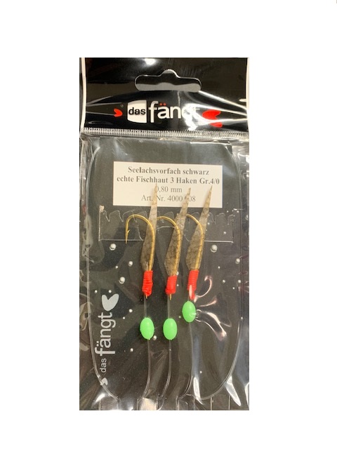 Das fängt Seelachsvorfach mit echter Fischhaut; schwarz; 3 Haken; Gr. 4/0; 0,80 mm