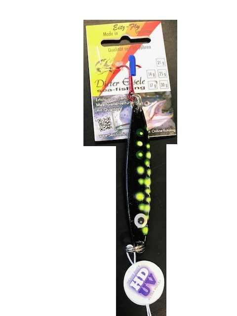Eisele Eitz-Fly Meerforellen Blinker; Schwarz / Neon grüne Punkte; 17 gr.