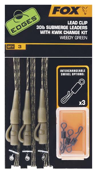 Fox Edges Lead Clip 30 lb Submerege Leaders with Kwik Change Kit; Weedy Green; Qty. 3