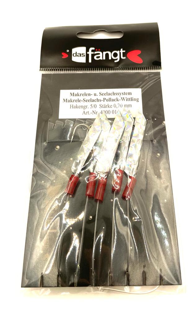 Das fängt Makrelen- und Seelachssystem; 5 Haken; Silber / Rot; 0,70 mm